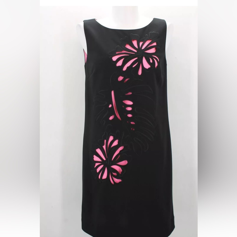 Tahari ASL Levine Black Pink Laser Cut Eyelet Floral Shift Dress Size 4 Womens
